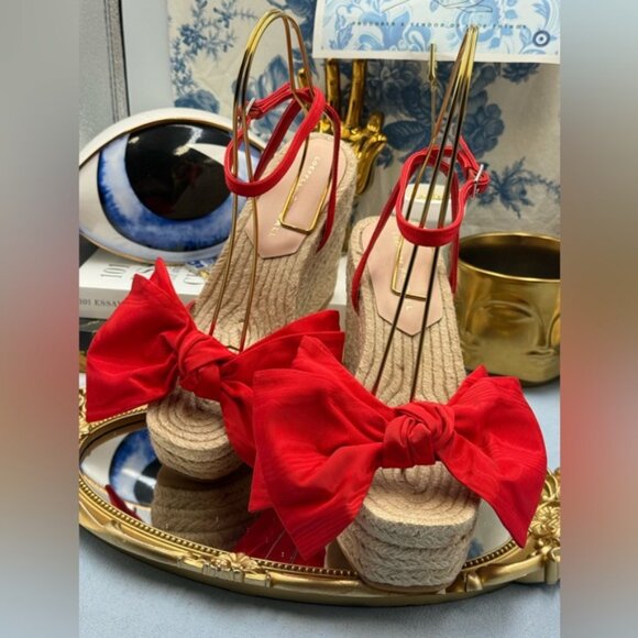 🆕 LOEFFLER RANDALL 🧿 NWOB Angelina Red Moiré Bow Wedge Espadrille, Sz 7 - Picture 7 of 16